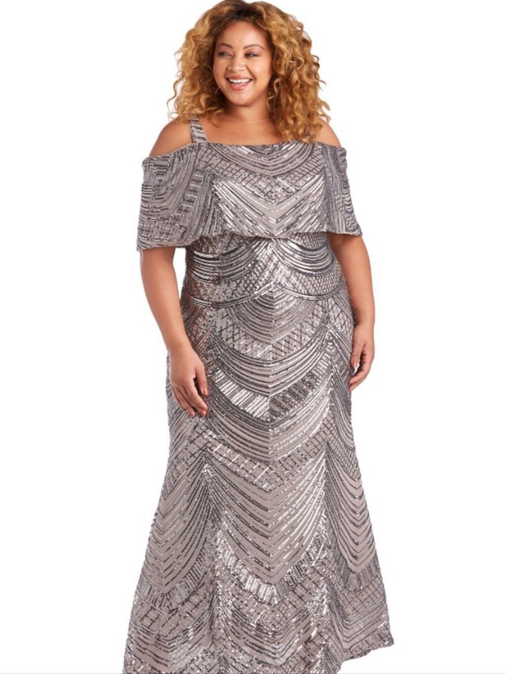 R&M RICHARDS Plus Size Silver Sequin Cold-Shoulder Evening Dress In Mocha